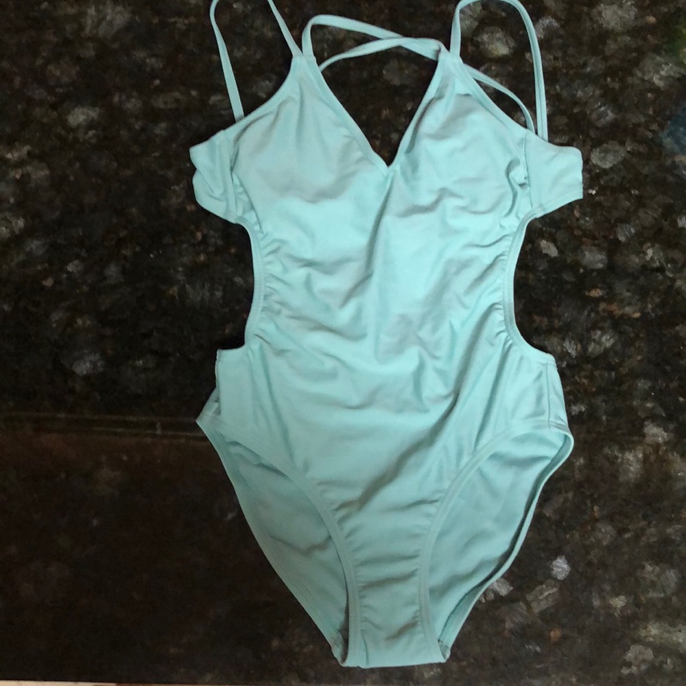 Strappy turquoise one piece swimsuit
